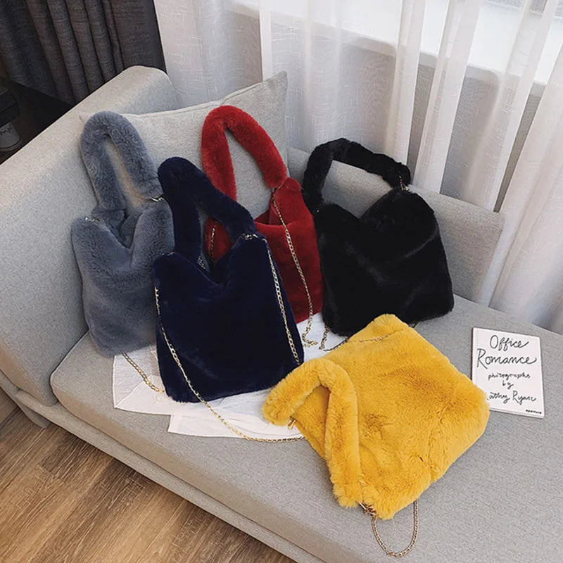 Plush Women Handbag Winter Fur Ladies Large Shoulder Bag Clutch Big Casual Tote