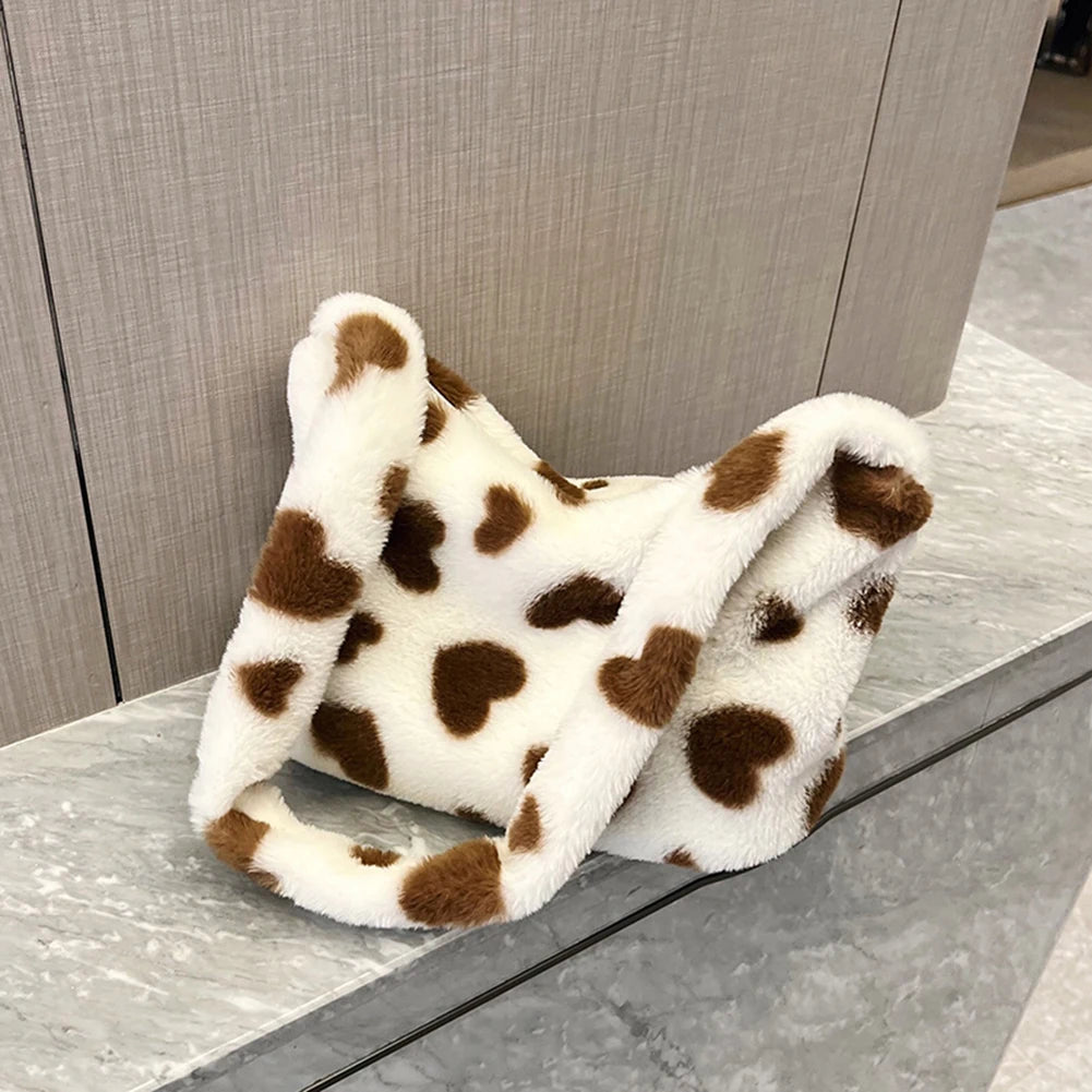 Fluffy Women Handbags Love Heart Print Soft Portable