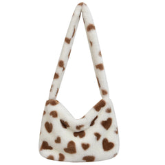 Fluffy Women Handbags Love Heart Print Soft Portable