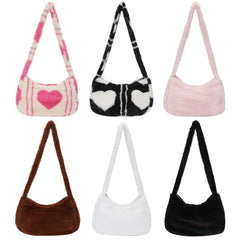 Fluffy Women Shoulder Bag Love Heart Printed Tote Bag