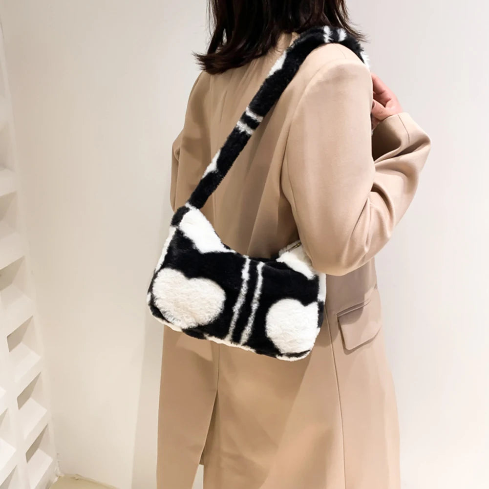 Warm Shoulder Bag for Women Love Heart Print Casual Handbag