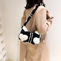 Warm Shoulder Bag for Women Love Heart Print Casual Handbag