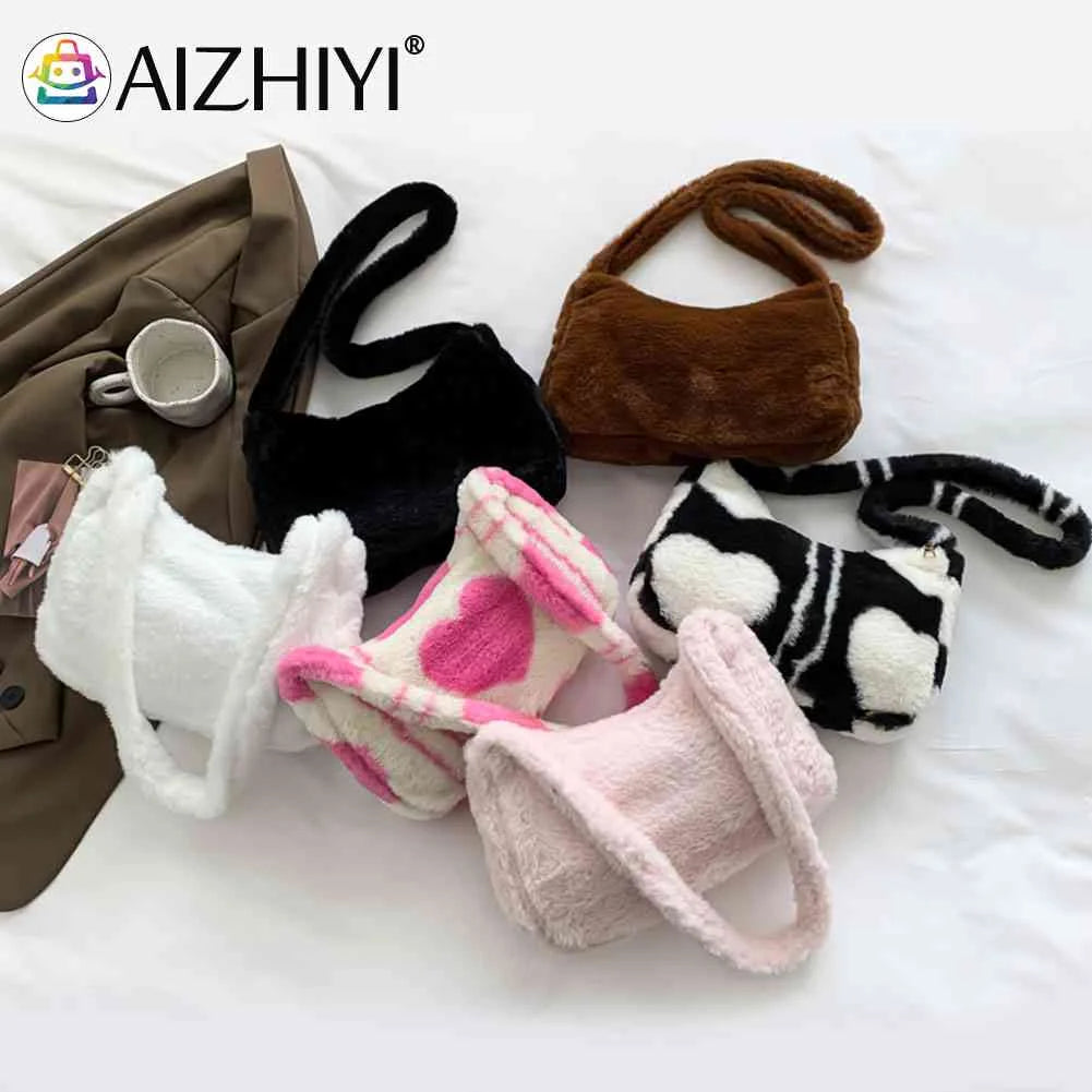 Warm Love Heart Printed Shoulder Bag for Women, Casual Autumn Winter Handbag