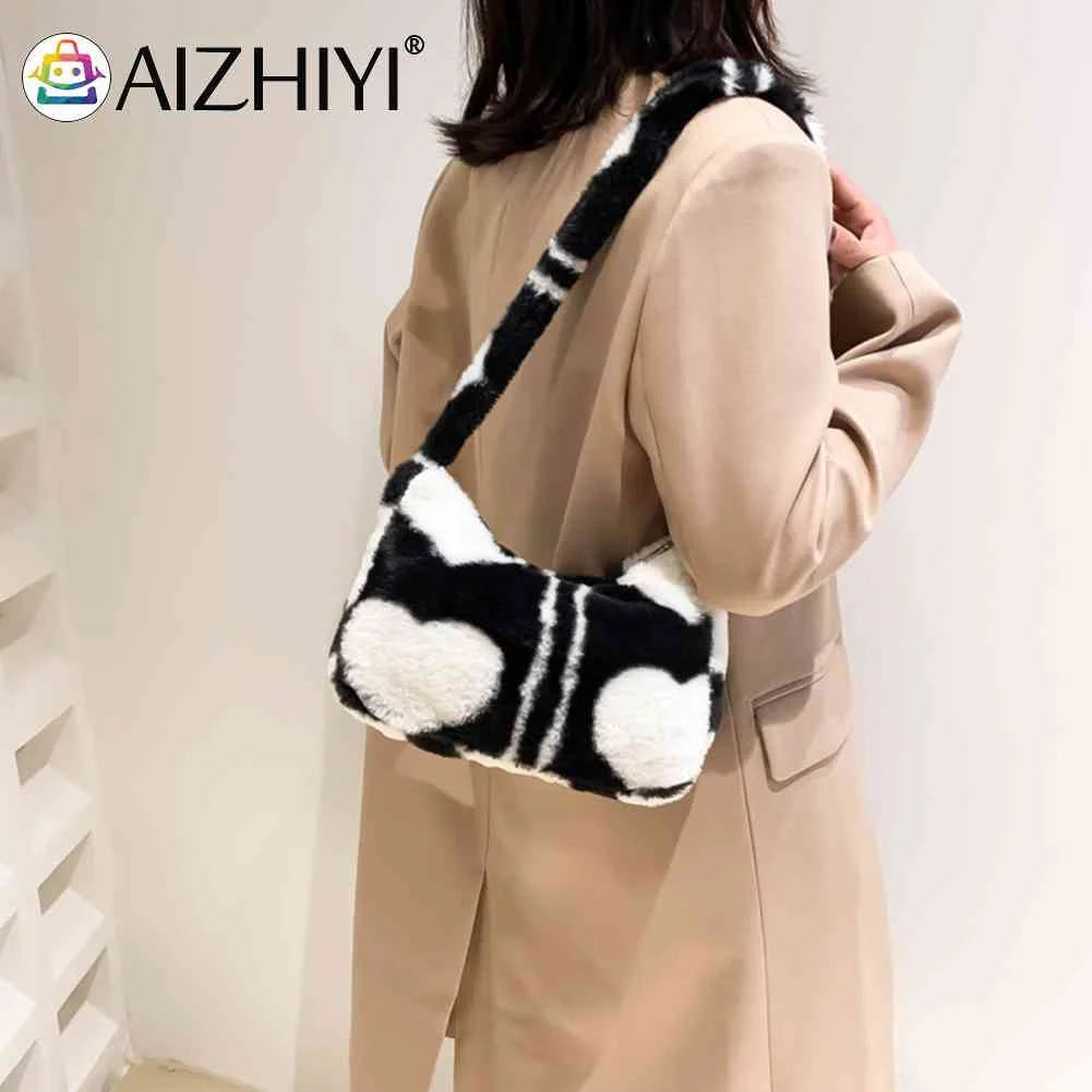 Warm Love Heart Printed Shoulder Bag for Women, Casual Autumn Winter Handbag