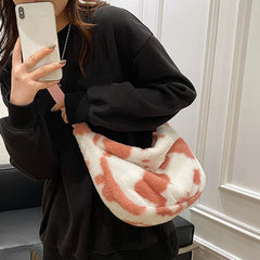 Stylish Plush Women Shoulder Bag Zipper Large Capacity Soft Handbag