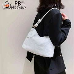 Plush Women Shoulder Bag Autumn Winter Commute Bag Casual Solid Flower Pendant