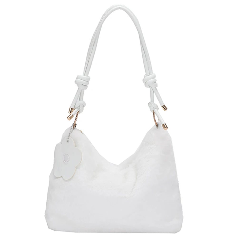 Plush Women Shoulder Bag PU Strap Autumn Winter Female Commute Bag