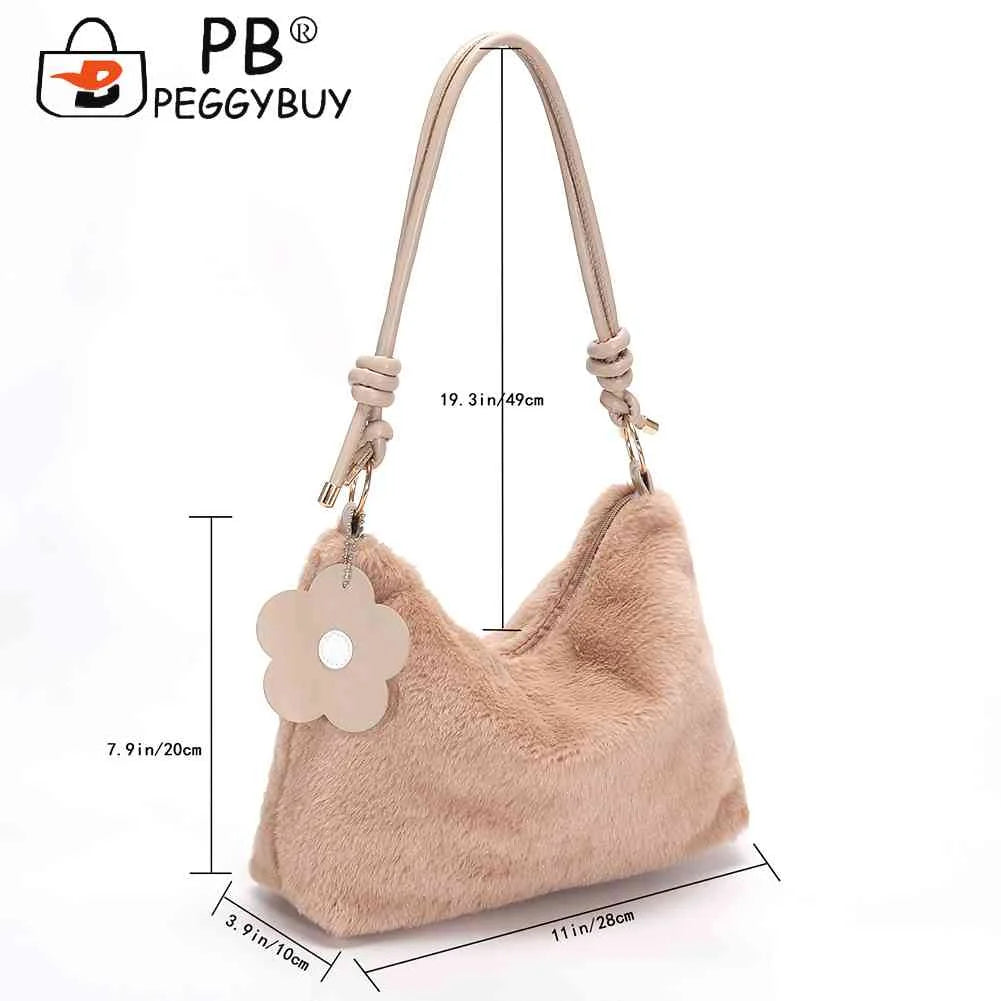 Plush Women Shoulder Bag Autumn Winter Commute Bag Casual Solid Flower Pendant