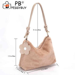Plush Women Shoulder Bag Autumn Winter Commute Bag Casual Solid Flower Pendant
