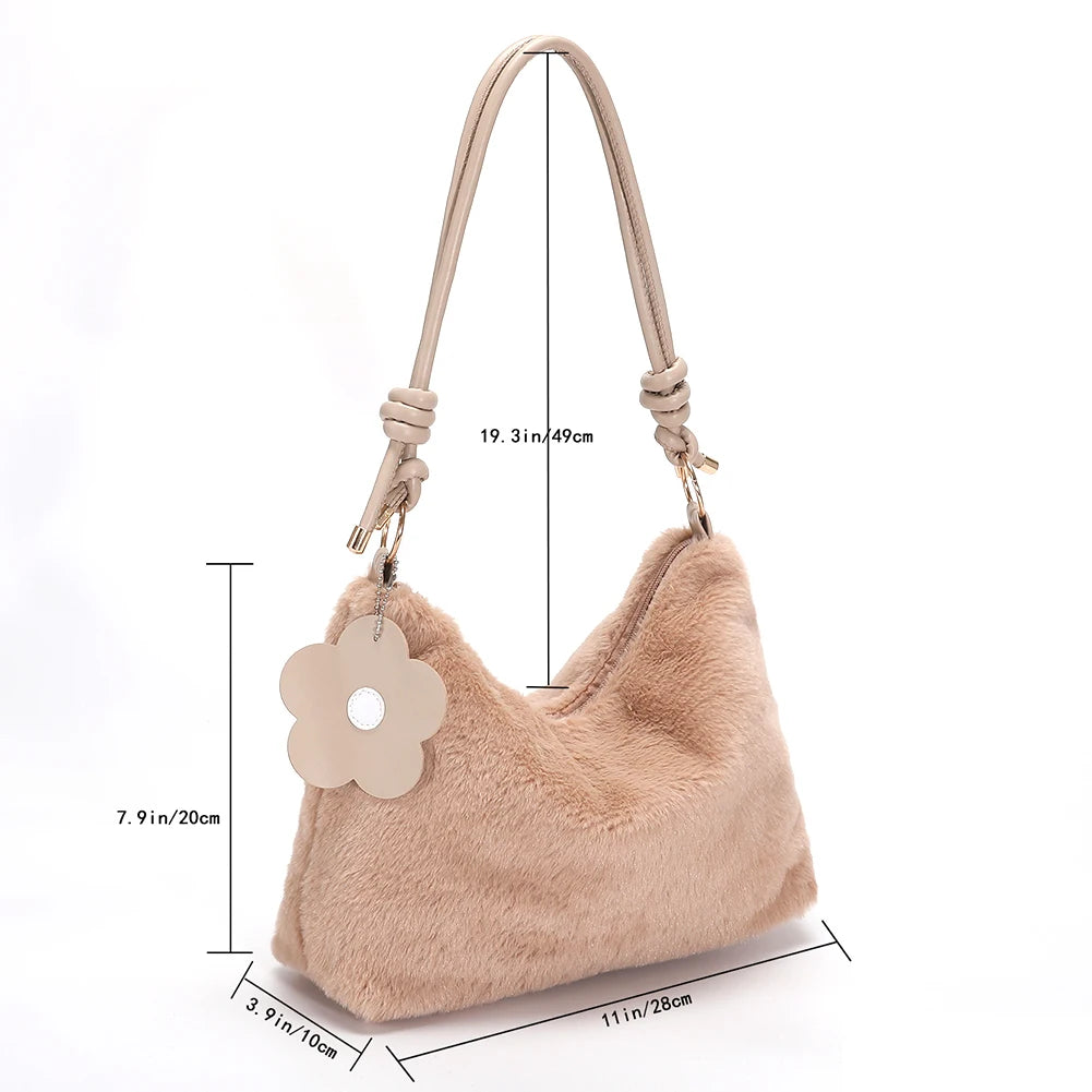 Plush Women Shoulder Bag PU Strap Autumn Winter Female Commute Bag