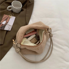 Plush Women Shoulder Bag PU Strap Autumn Winter Female Commute Bag