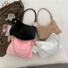 Plush Women Shoulder Bag Autumn Winter Commute Bag Casual Solid Flower Pendant
