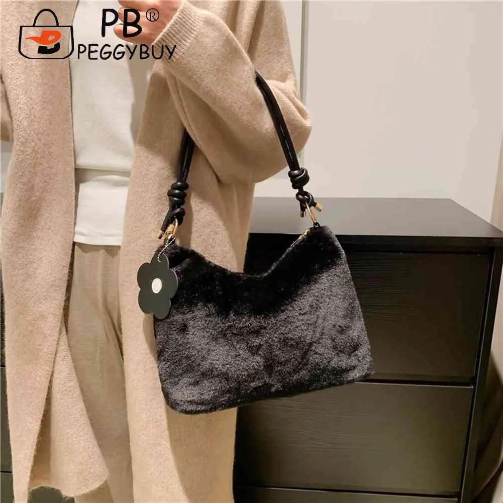 Plush Women Shoulder Bag Autumn Winter Commute Bag Casual Solid Flower Pendant