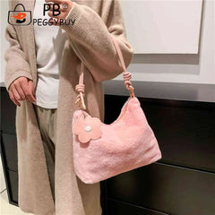 Plush Women Shoulder Bag Autumn Winter Commute Bag Casual Solid Flower Pendant