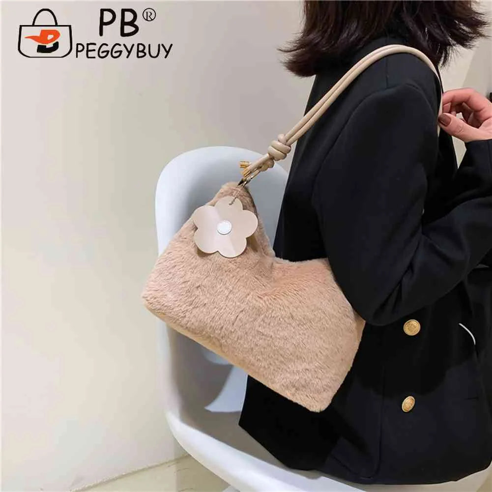 Plush Women Shoulder Bag Autumn Winter Commute Bag Casual Solid Flower Pendant