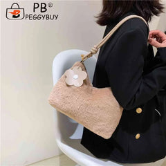 Plush Women Shoulder Bag Autumn Winter Commute Bag Casual Solid Flower Pendant