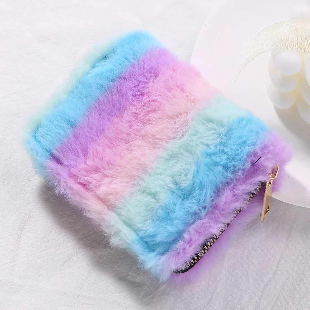 Soft Fluffy Women Wallet Colorful Stripes Female Purse for Travel Gift