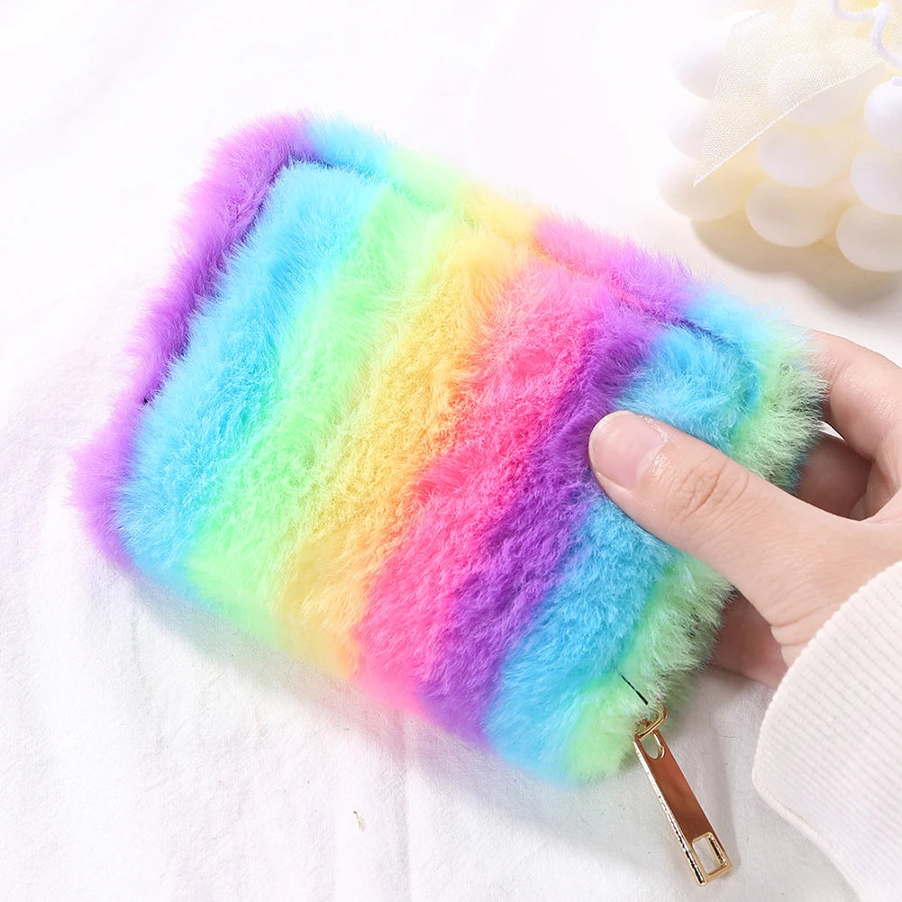 Soft Fluffy Women Wallet Colorful Stripes Female Purse for Travel Gift