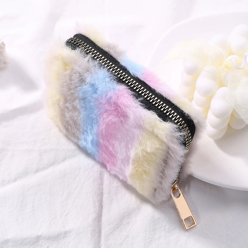 Soft Fluffy Women Wallet Colorful Stripes Female Purse for Travel Gift