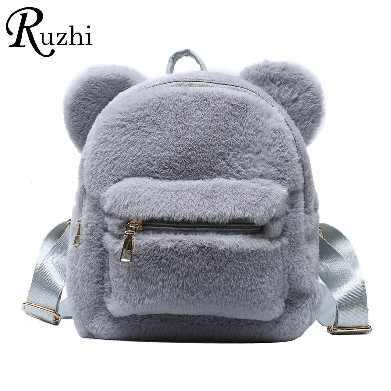 Plush Women's Backpack With Bear Ears Fur Shoulders Bag Furry Women Bag
