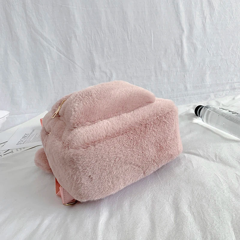 Plush Women's Backpack With Bear Ears Fur Shoulders Bag Furry Women Bag