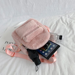 Plush Women's Backpack With Bear Ears Fur Shoulders Bag Furry Women Bag