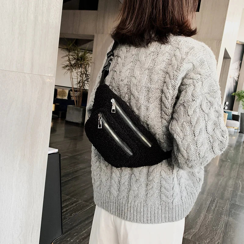 Plush Waist Bag for Women in Solid Color