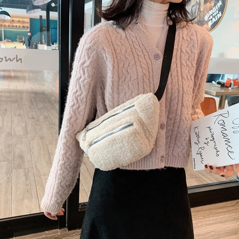 Plush Women's Waist Bag Solid Belt Bag Crossbody Chest Bag