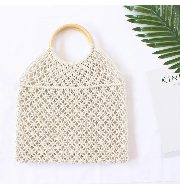 Cotton Rope Hollow Straw Bag Macrame Tote Vintage Handbag