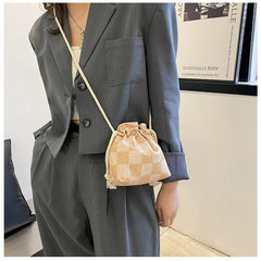 Drawstring Women's Shoulder Messenger Bags Plaid Contrasting Colors Casual Bags