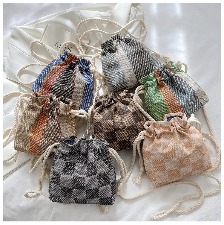 Drawstring Women's Shoulder Messenger Bags Plaid Contrasting Colors Casual Bags