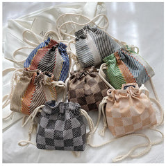 Drawstring Women's Shoulder Messenger Bags Plaid Contrasting Colors Casual Bags