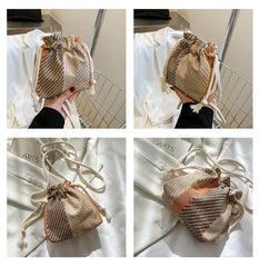 Drawstring Women's Shoulder Messenger Bags Plaid Contrasting Colors Casual Bags