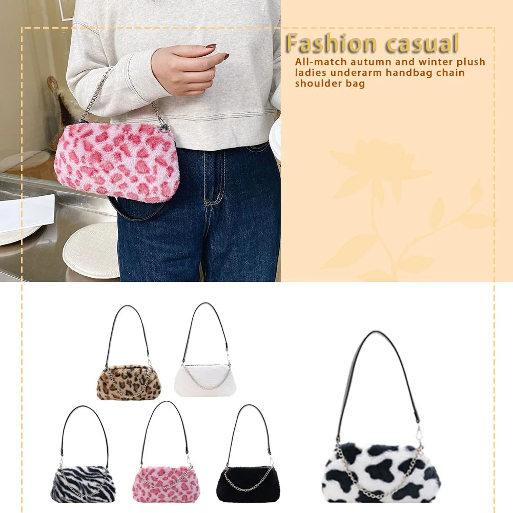 Plush Animal Top-handle Handbags Women Retro Shoulder Underarm Purse