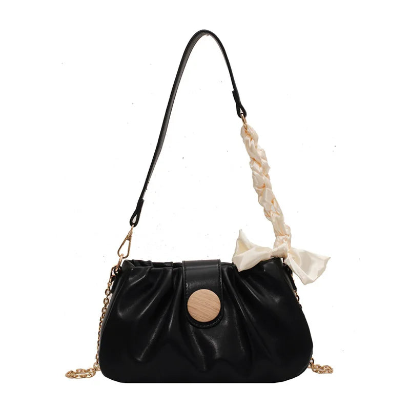 Soft PU Leather Pleated Shoulder Bag with Bow Chain Messenger Totes