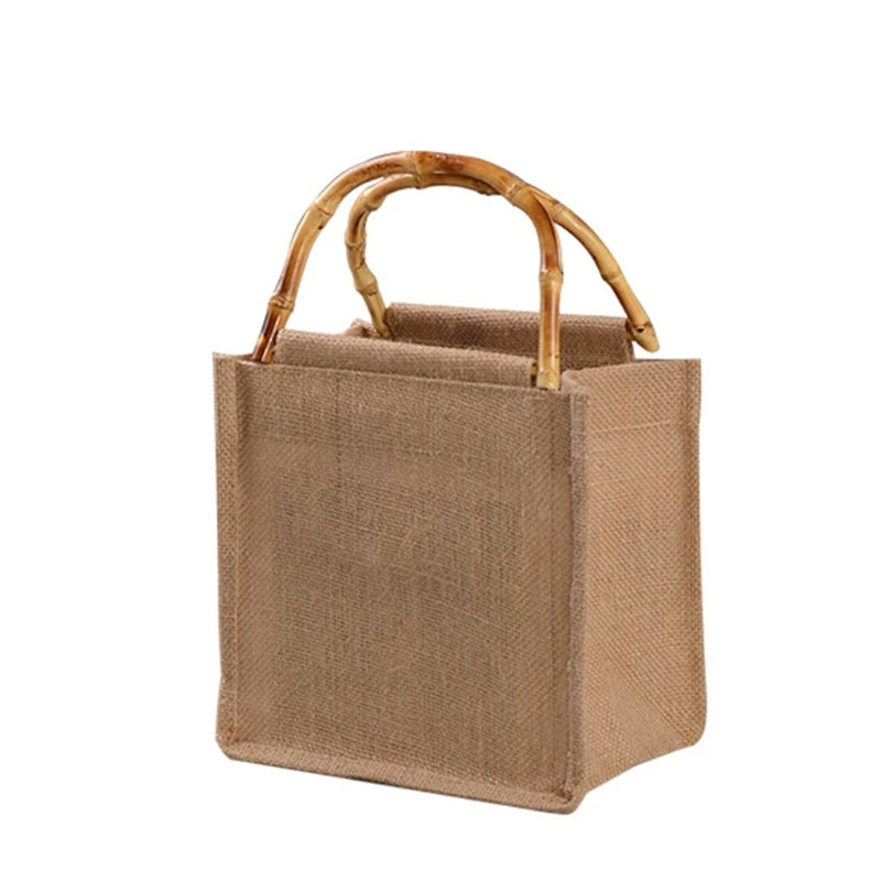 Burlap Jute Shopping Bag Handbag Bamboo Loop Handles Tote