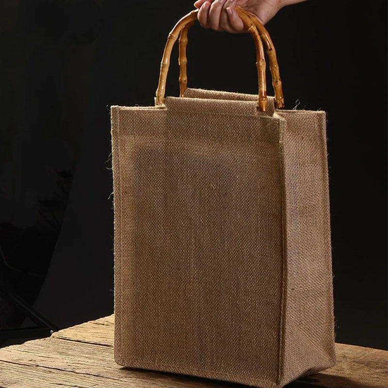 Burlap Jute Shopping Bag Handbag Bamboo Loop Handles Tote