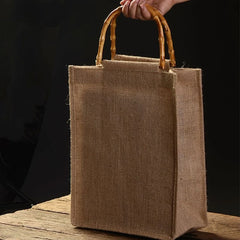 Burlap Jute Shopping Bag Handbag Bamboo Loop Handles Tote