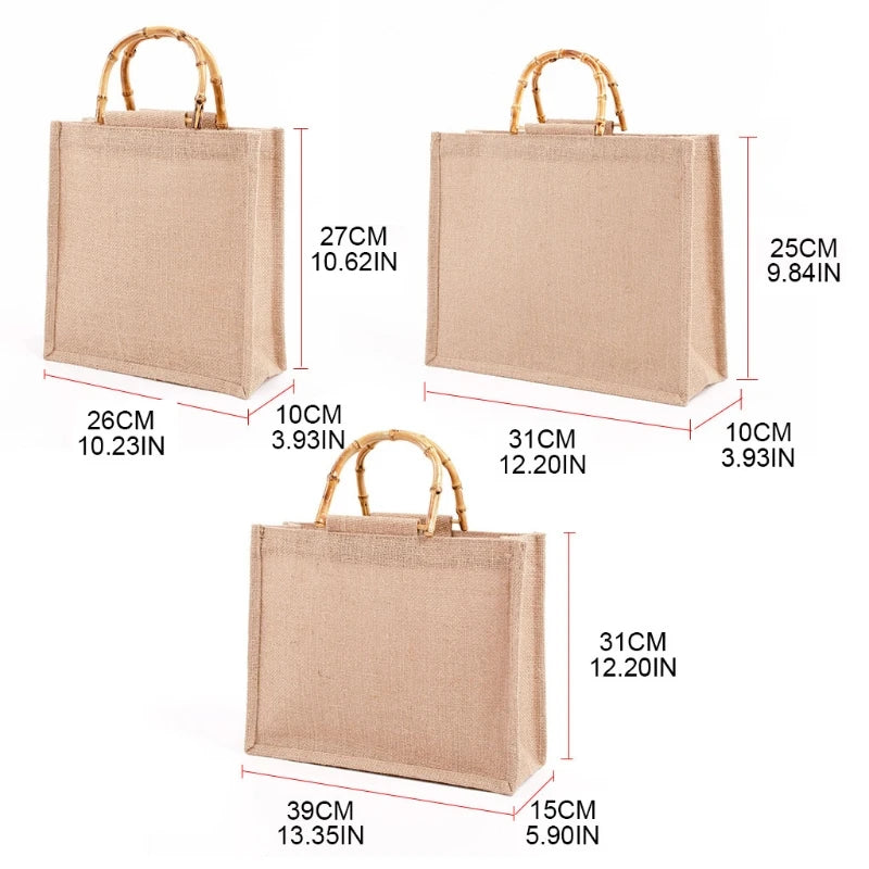 Burlap Jute Shopping Bag Bamboo Loop Handles Tote Grocery Bags