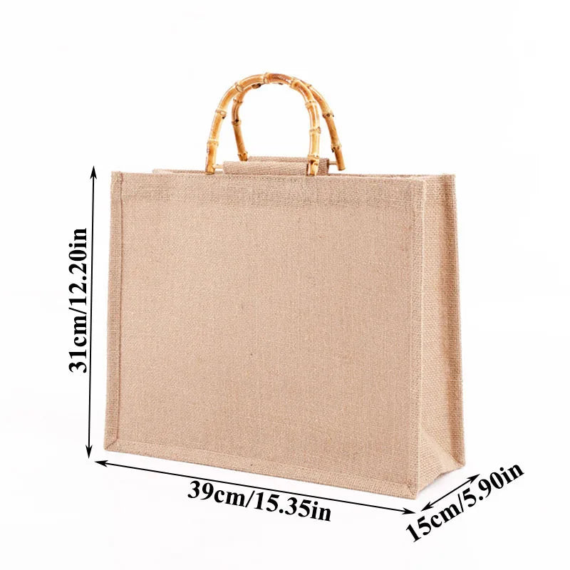 Burlap Jute Shopping Bag Handbag Bamboo Loop Handles Tote Beach Bag