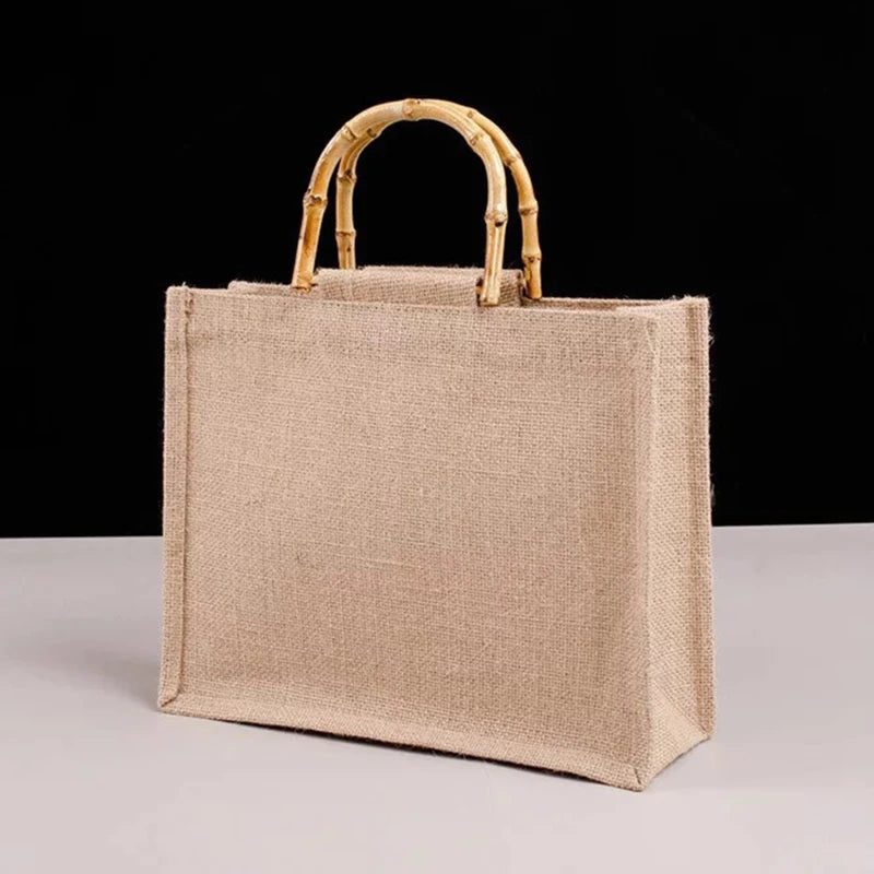 Jute Shopping Bag Handbag Bamboo Loop Handles Tote Retro DIY Beach Bag