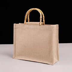 Jute Shopping Bag Handbag Bamboo Loop Handles Tote Retro DIY Beach Bag