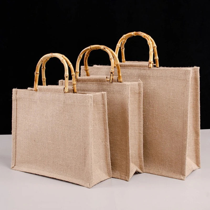 Jute Shopping Bag Handbag Bamboo Loop Handles Tote Retro DIY Beach Bag