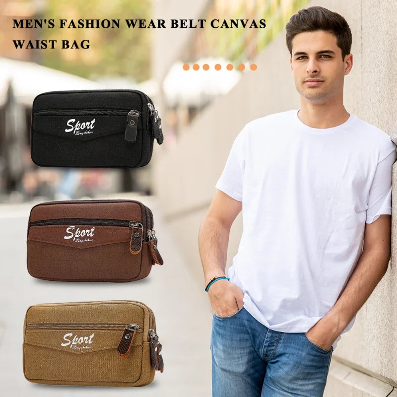 Canvas Waist Bag Men Multi-function Phone Purse Waist Packs