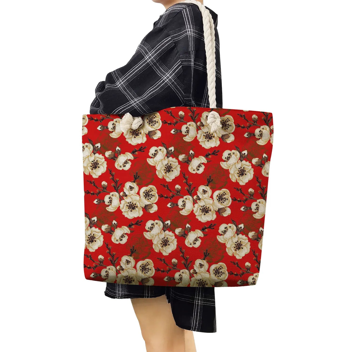 Floral Print Handbags For Women Red Shoulder Bags High Capacity Travel Beach Bag