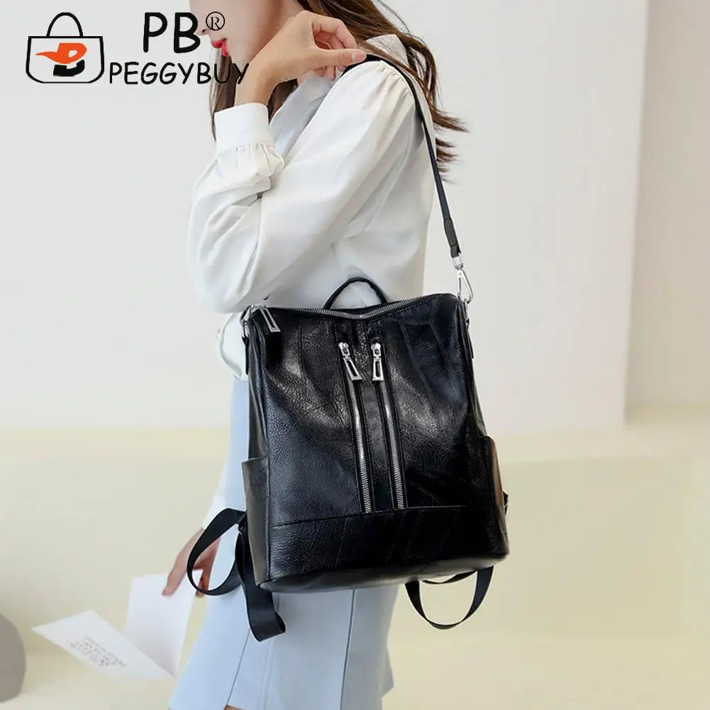 Portable Female Pure Zipper Backpacks Soft Anti-theft PU Leather Travel Knapsack