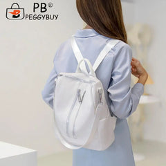 Portable Female Pure Zipper Backpacks Soft Anti-theft PU Leather Travel Knapsack