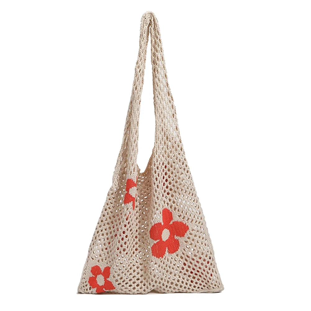 Flower Printing Mesh Net Shoulder Bag Foldable Reusable Eco-Friendly Handbag
