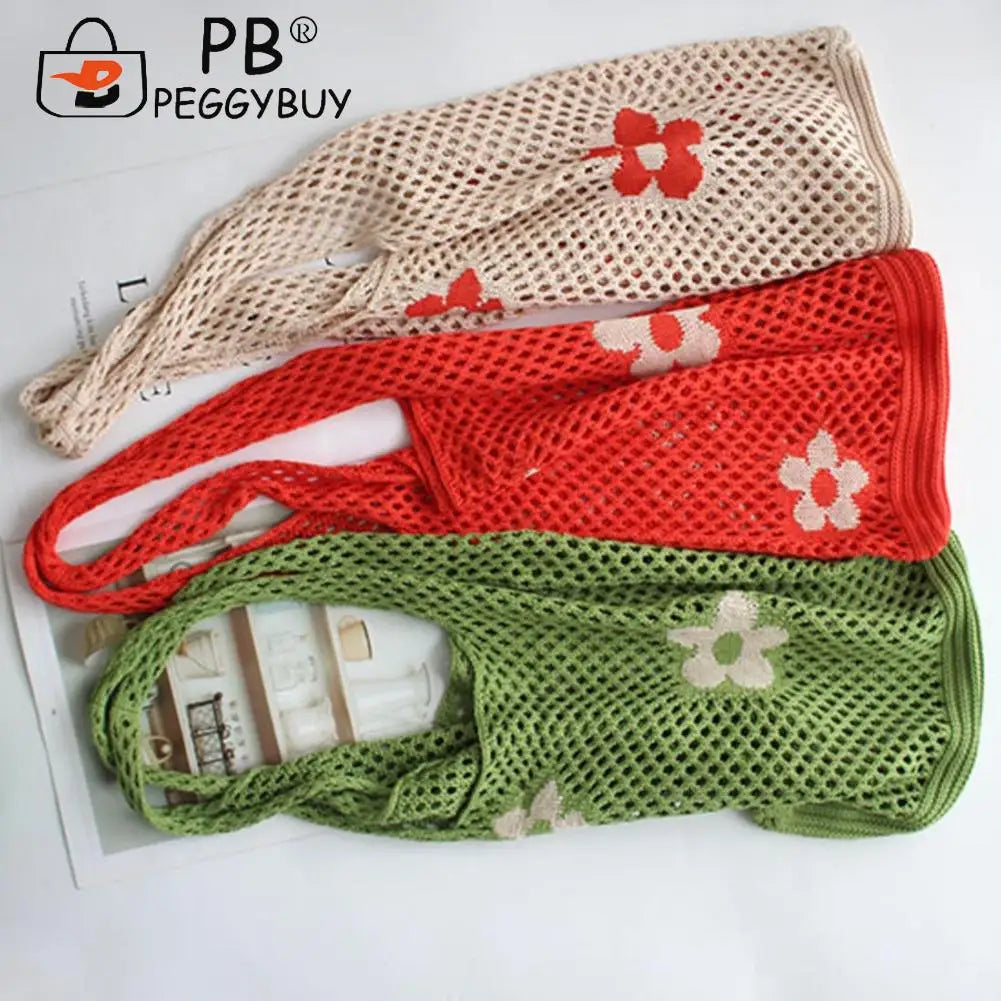 Flower Printing Mesh Net Shoulder Bag Foldable Reusable Eco-Friendly Handbag