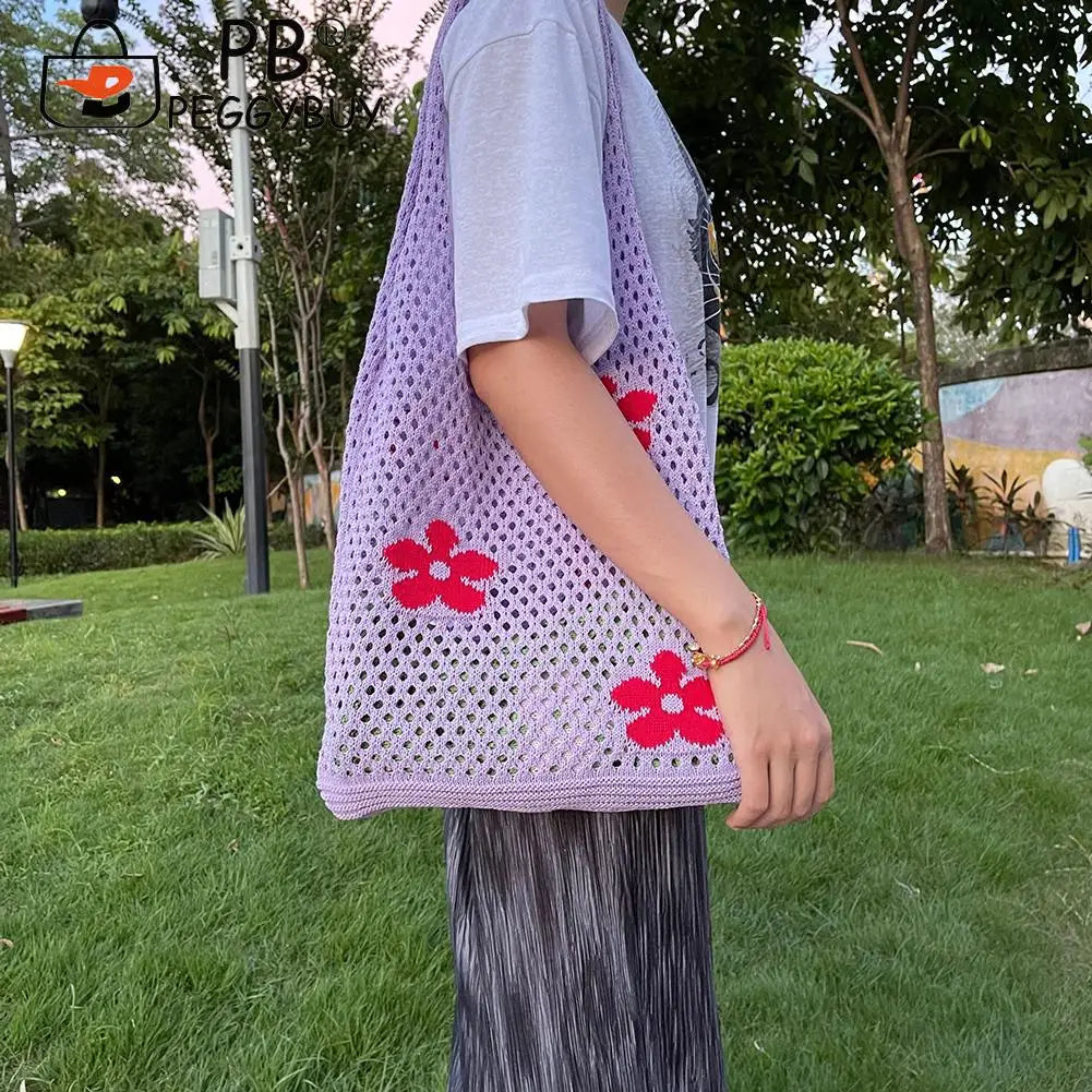 Flower Printing Mesh Net Shoulder Bag Foldable Reusable Eco-Friendly Handbag